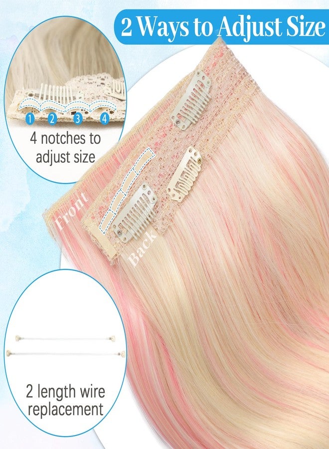 KooKaStyle Invisible Wire Hair Extensions 20"Long Wavy Layered Synthetic Clip in with Transparent Wire Adjustable Size 6 Secure Clips Blonde with Pink Highlights Thick Hairpieces for Women 20 Inch - Image 5