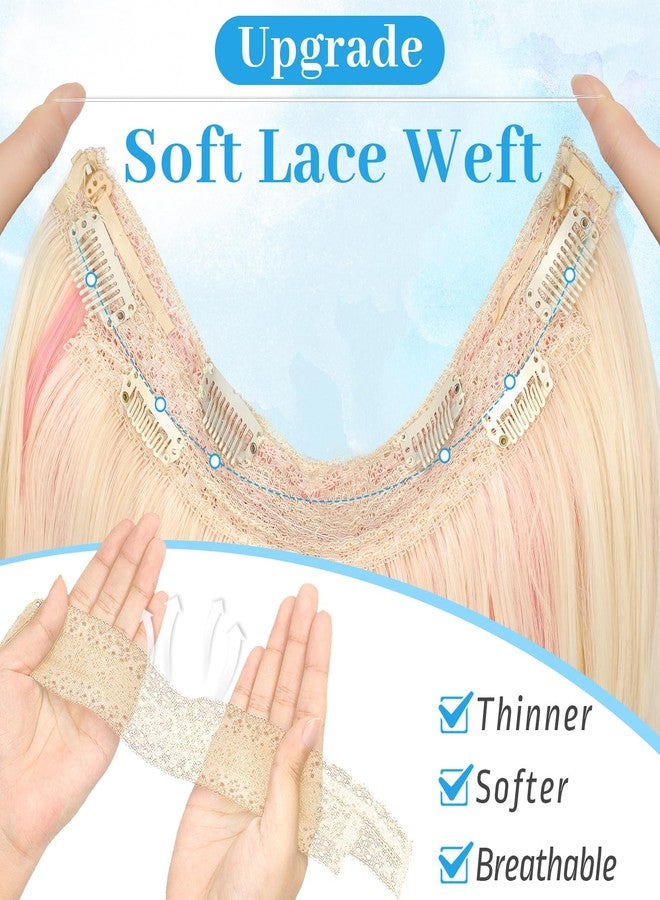 KooKaStyle Invisible Wire Hair Extensions 20"Long Wavy Layered Synthetic Clip in with Transparent Wire Adjustable Size 6 Secure Clips Blonde with Pink Highlights Thick Hairpieces for Women 20 Inch - Image 2