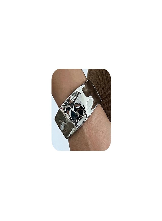 Chargances Dainty Minimalist Wide Hammered Bangle Cuff Bracelet Boho Chunky Statement Open Bangle Wrist Cuff for Women (Silver) - Image 1