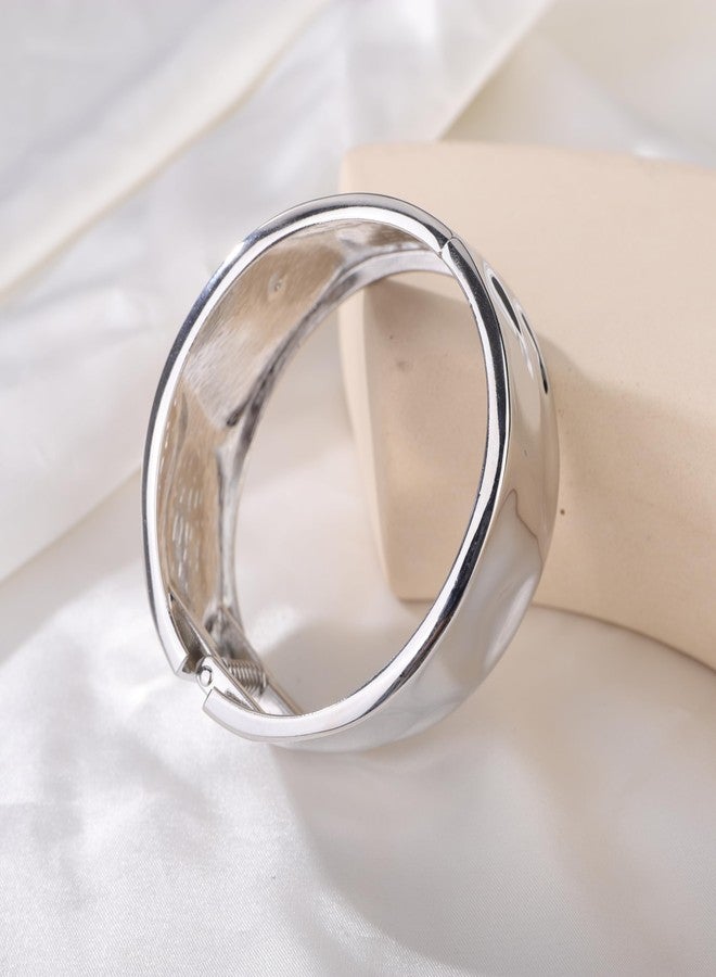 Chargances Dainty Minimalist Wide Hammered Bangle Cuff Bracelet Boho Chunky Statement Open Bangle Wrist Cuff for Women (Silver) - Image 4