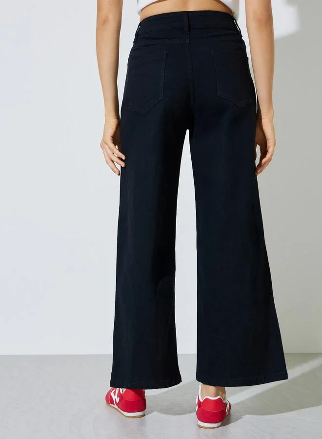 Styli Black Black Mid Rise Wide Leg Jeans for Women | Best Price UAE