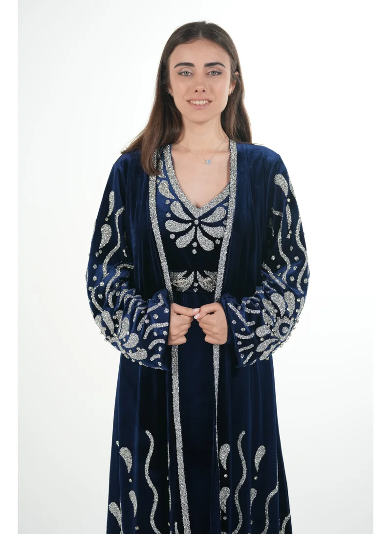 AL BENT AL SHARQIEH Velvet kaftan jalabiya dress with belt