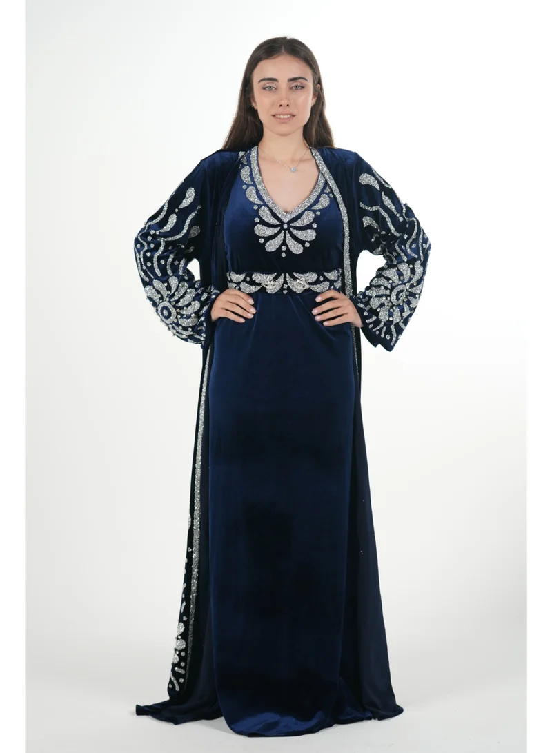 AL BENT AL SHARQIEH Velvet kaftan jalabiya dress with belt