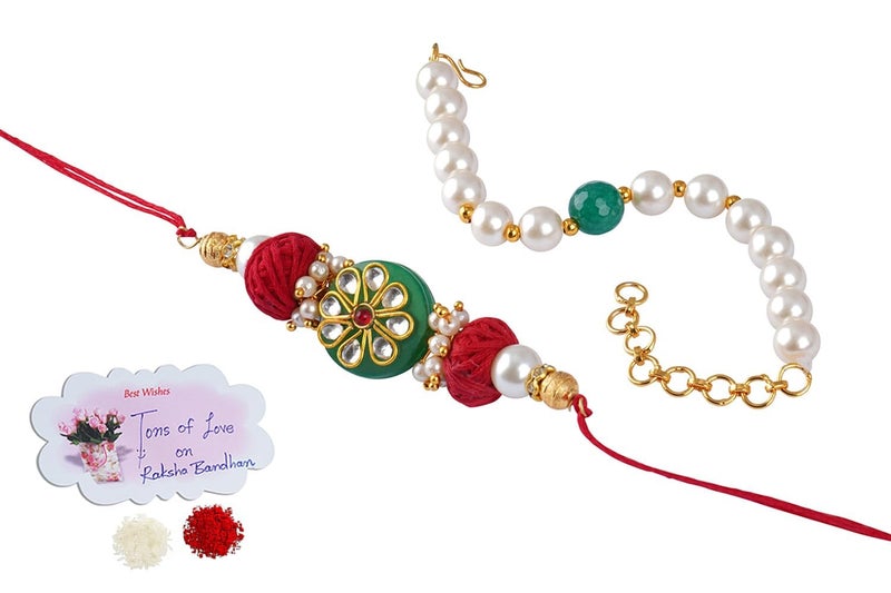 JFL JFL Jewellery for Less Combo of Colorful Kundan Stone Rakhi n Onyx Pearl Bracelet for BhaiyaBrother Couple Pair Rakhi Set with Roli Chawal for Raksha Bandhan and Hand Written Greeting Note 