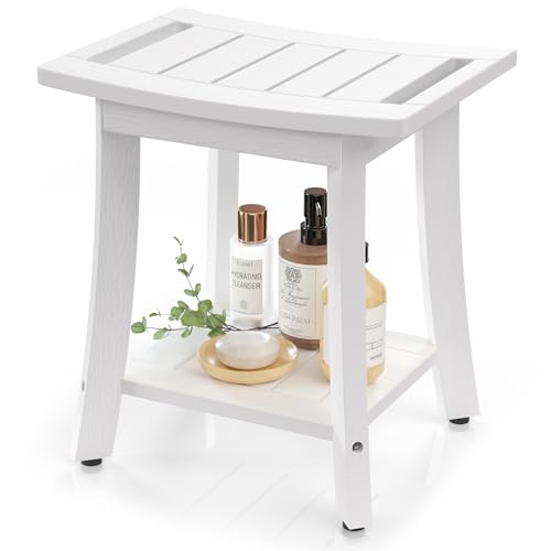 BEKVEM Waterproof Shower Benches for Inside Shower, Poly Lumber Shower Stool with Storage Shelf & Adjustable Feet, SPA Bathroom Seat Chair for Shaving Legs, Indoor or Outdoor Use, White - Image 1