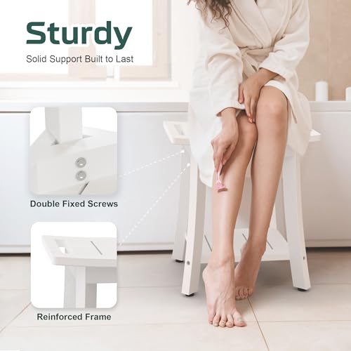 BEKVEM Waterproof Shower Benches for Inside Shower, Poly Lumber Shower Stool with Storage Shelf & Adjustable Feet, SPA Bathroom Seat Chair for Shaving Legs, Indoor or Outdoor Use, White - Image 5