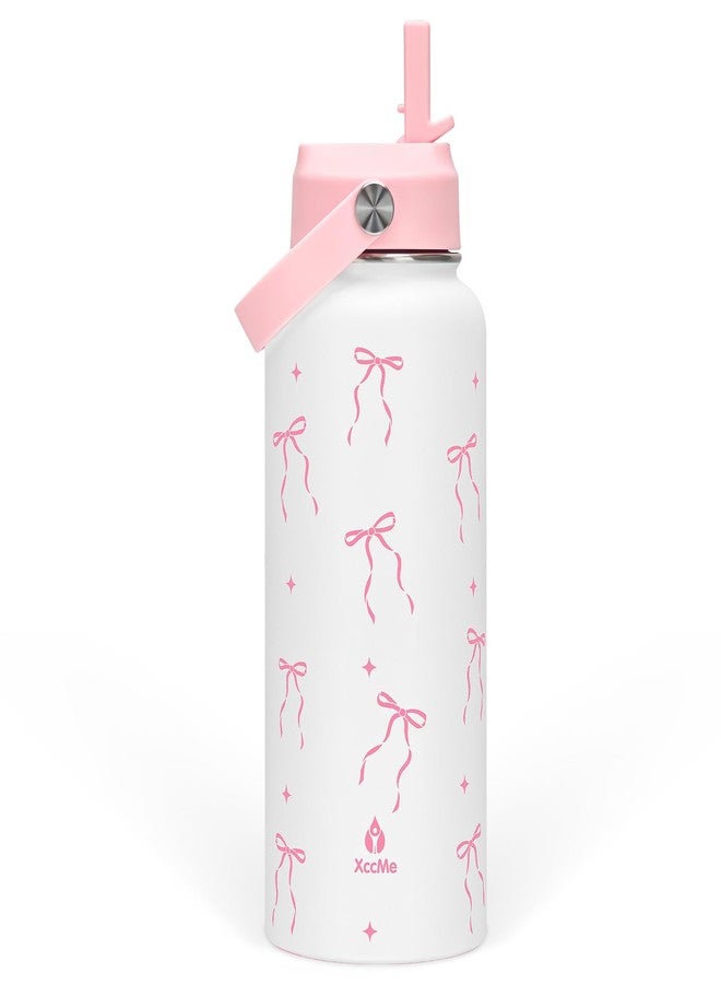 XccMe 32 oz Insulated Water Bottle with Lid,Pink Bow Stainless Steel Water Bottl with Flip Straw and Handle,Gifts for Women Girls Teens Birthday Christmas,Leak Proof Cute Metal Water Bottle - Image 1
