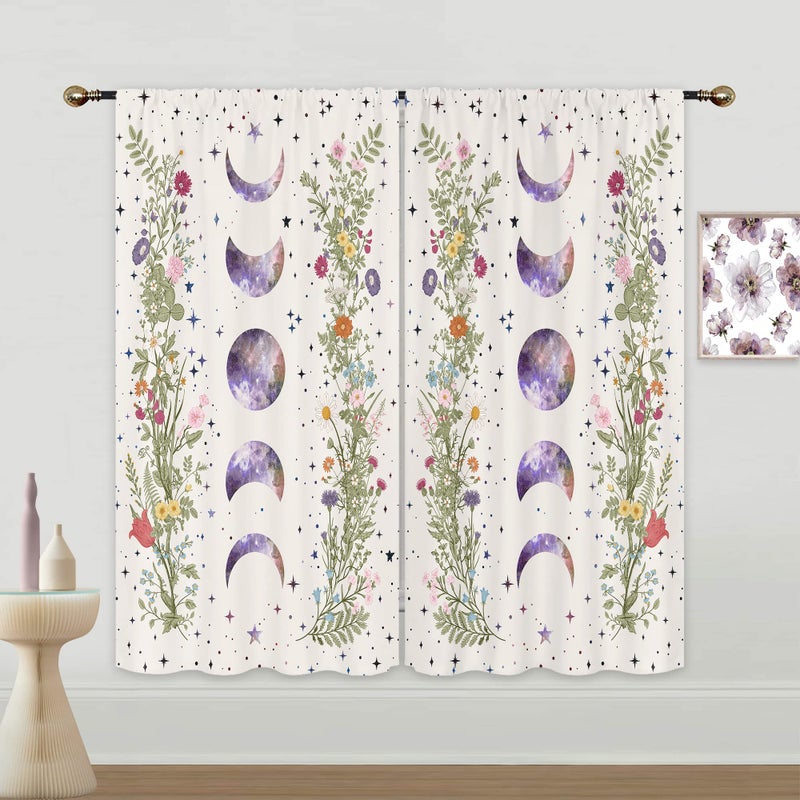 Mitpok Moon Phase Curtains for Bedroom 42Wx63H Inch Rod Pocket Boho Floral Wildflower Moonlit Garden Flower Witchy Gothic Hippie Aesthetic Galaxy Space 2 Panels Window Treatment for Living Room Decor