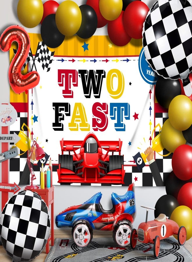 LINGPAR Two Fast Balloons Race Car Set Decor - Happy 2nd Birthday Party Theme Banner Backdrop Racing Car Checkered Flag Decorations For Baby Shower Supplies - Image 1