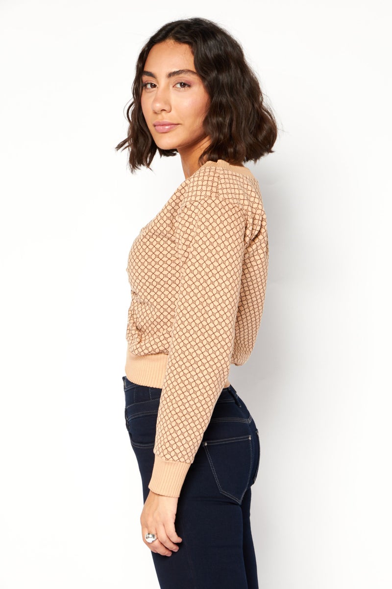 RIVER ISLAND Women V Neck Long Sleeve Abstract Print Ruched Sweater, Brown - Image 2