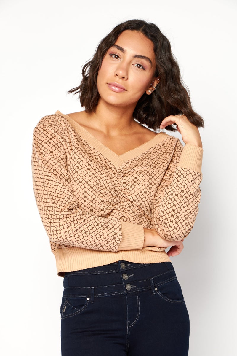 RIVER ISLAND Women V Neck Long Sleeve Abstract Print Ruched Sweater, Brown - Image 1