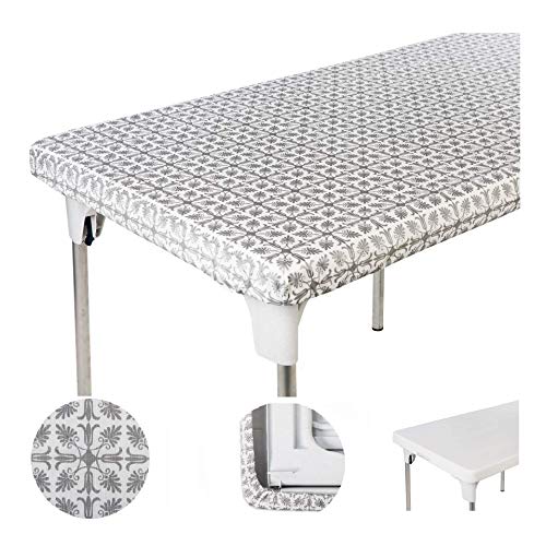 TopTableCloth 5 Foot 60 x 30 inch Silver Patterned Tablecloth Elastic Corner Fitted Rectangular Folding Vinyl Table Cover Cloth Xmas Plastic Waterproof Picnic Party Home for Indoor and Outdoor Use