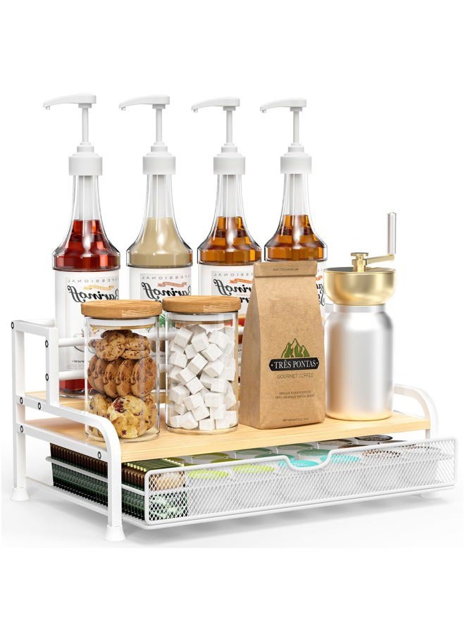 PONEYA Coffee Syrup Rack Organizer, 3-Tier 8 Bottles Syrup Rack with 35 K Cup Storage Basket for Coffee Bar, Countertop Bottle Holder Stand for Wine, Dressing for Kitchen Cafe Station- White - Image 1