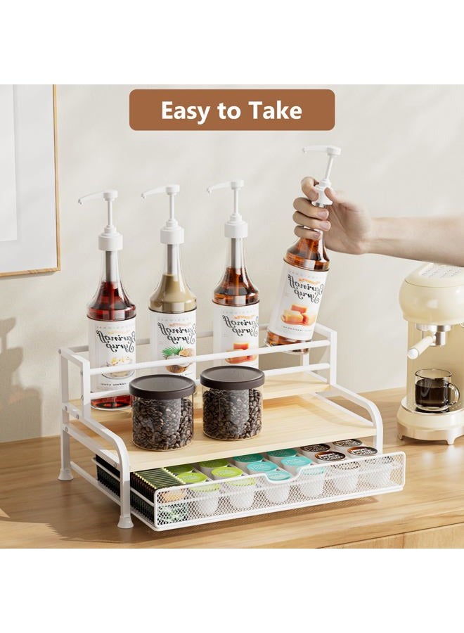 PONEYA Coffee Syrup Rack Organizer, 3-Tier 8 Bottles Syrup Rack with 35 K Cup Storage Basket for Coffee Bar, Countertop Bottle Holder Stand for Wine, Dressing for Kitchen Cafe Station- White - Image 2