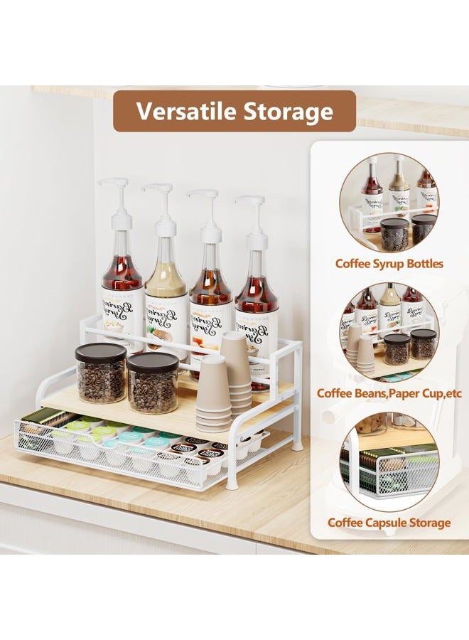 PONEYA Coffee Syrup Rack Organizer, 3-Tier 8 Bottles Syrup Rack with 35 K Cup Storage Basket for Coffee Bar, Countertop Bottle Holder Stand for Wine, Dressing for Kitchen Cafe Station- White - Image 5