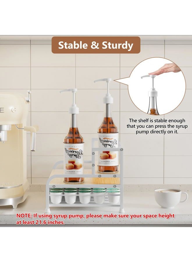 PONEYA Coffee Syrup Rack Organizer, 3-Tier 8 Bottles Syrup Rack with 35 K Cup Storage Basket for Coffee Bar, Countertop Bottle Holder Stand for Wine, Dressing for Kitchen Cafe Station- White - Image 4
