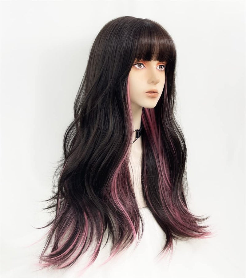 WKLOUYHE Long Wavy Wig for Women Synthetic Curly Wig with Bangs Fibre Cosplay Wig for Girls Daily Use Colorful Wigs (Black+Brown+Pink) - Image 4