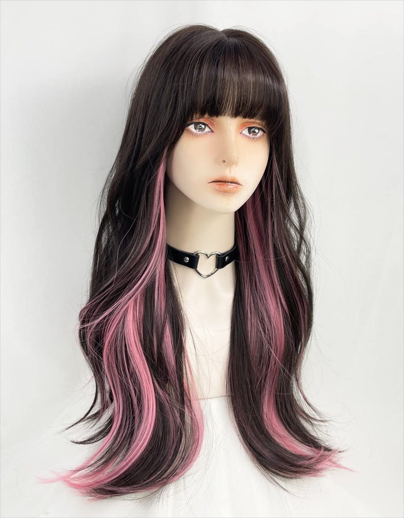 WKLOUYHE Long Wavy Wig for Women Synthetic Curly Wig with Bangs Fibre Cosplay Wig for Girls Daily Use Colorful Wigs (Black+Brown+Pink) - Image 2