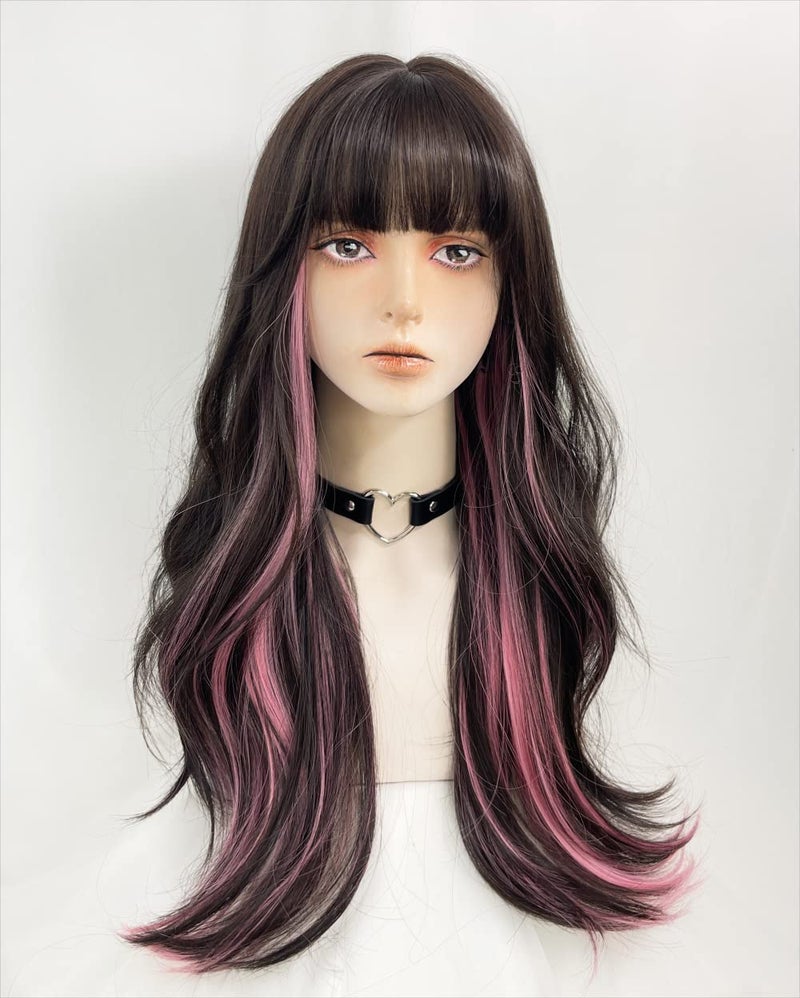 WKLOUYHE Long Wavy Wig for Women Synthetic Curly Wig with Bangs Fibre Cosplay Wig for Girls Daily Use Colorful Wigs (Black+Brown+Pink) - Image 3
