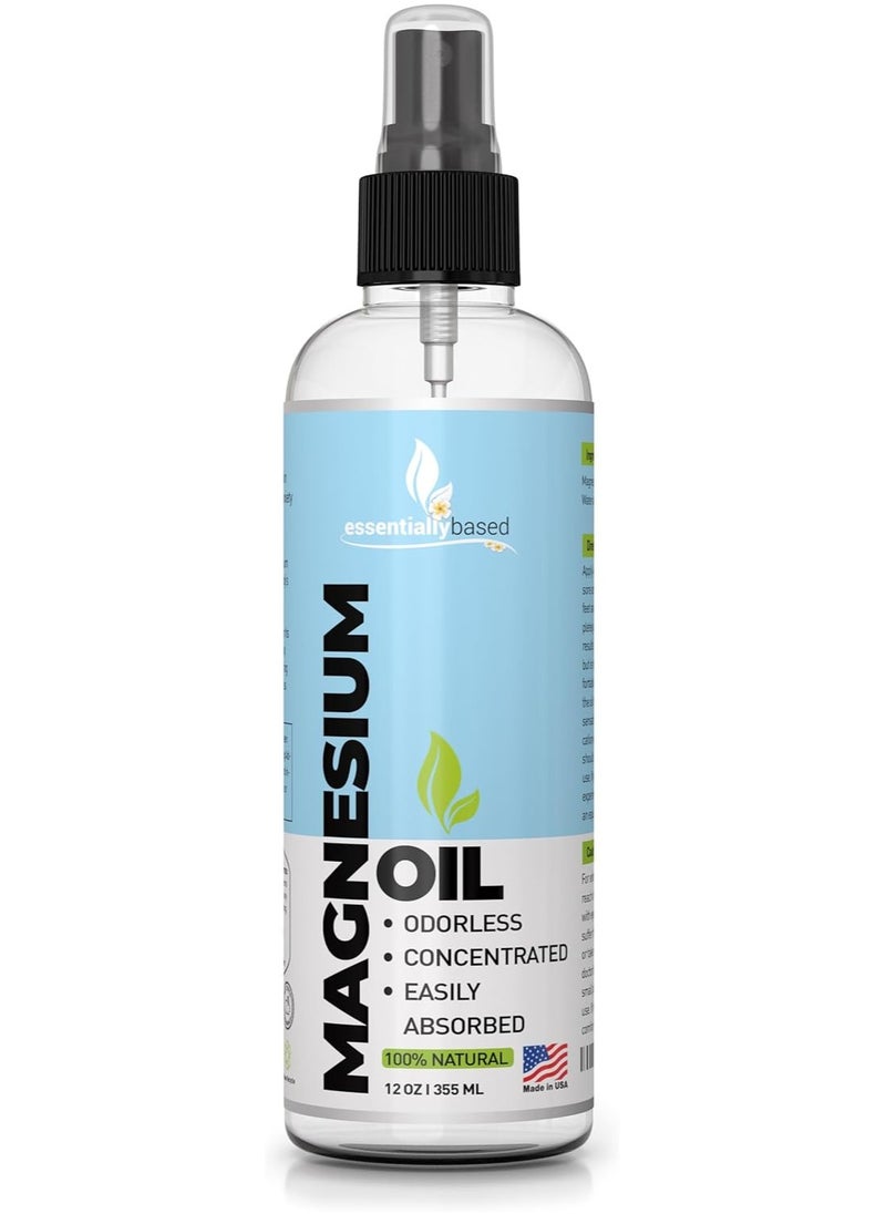 essentiallybased Magnesium Oil Spray - Large 12oz Size - Extra Strength - 100% Pure for Less Sting - Less Itch - Natural Pain Relief & Sleep Aid - Essential Mineral Source 