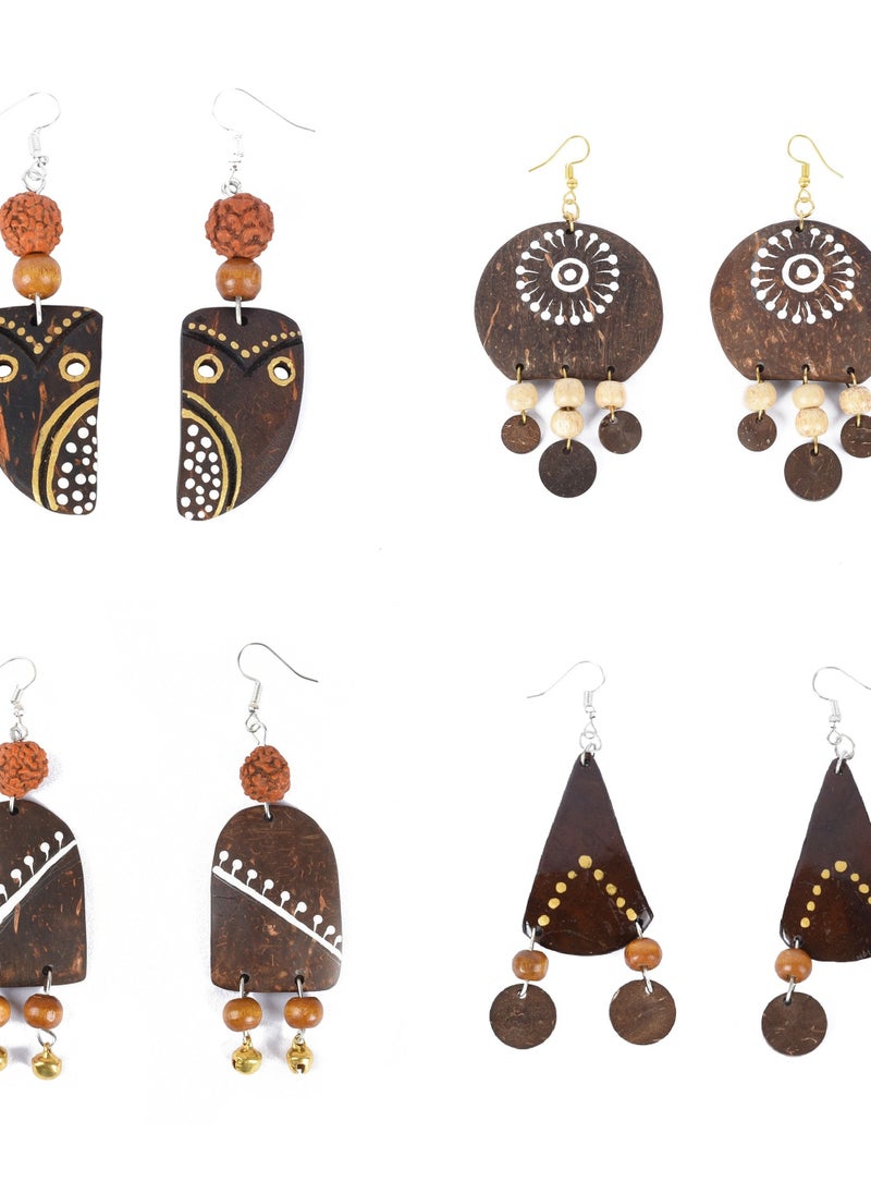 N & H N&H Eco-friendly Handmade Jewellery 4 Pairs Coconut Wooden Earrings Lightweight Hoopwire Earrings Bohemian Pendant Dangle Earrings Set  - Image 1