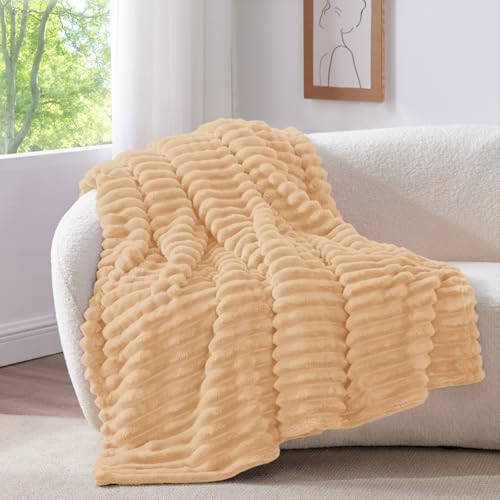 BEDELITE Twin Blanket for Couch Bed 300GSM Soft Warm Fleece Blanket Decorative and Giftable Striped Blush Sand Blankets for Women Men 60x80 - Image 3