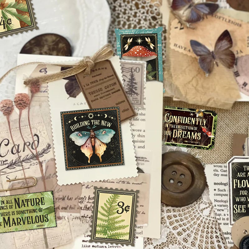 Bomichi 100 Pcs Postage Stamp Stickers, Aesthetic Insect Plants Decorative Stickers for Scrapbooking Bullet Journaling Planners DIY Calendars Notebook Junk Journal - Image 2