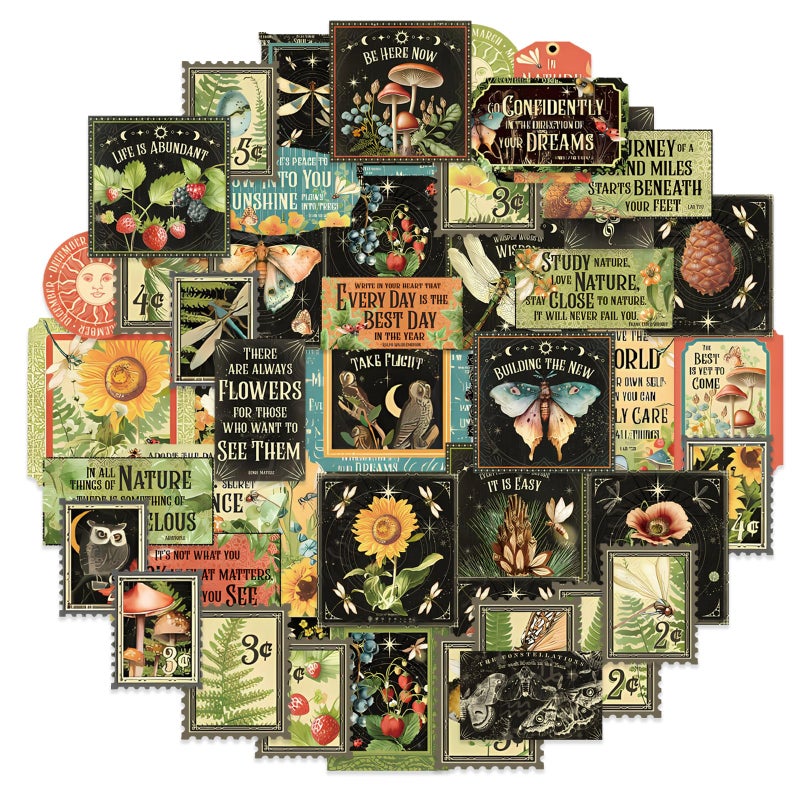 Bomichi 100 Pcs Postage Stamp Stickers, Aesthetic Insect Plants Decorative Stickers for Scrapbooking Bullet Journaling Planners DIY Calendars Notebook Junk Journal - Image 1