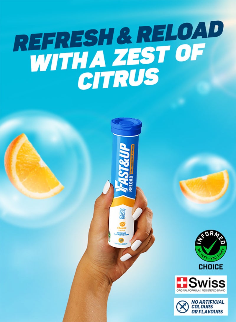 FAST&UP Reload - Hydration Electrolyte Supplement - 20 Effervescent Tablets, Orange Flavour - Image 1