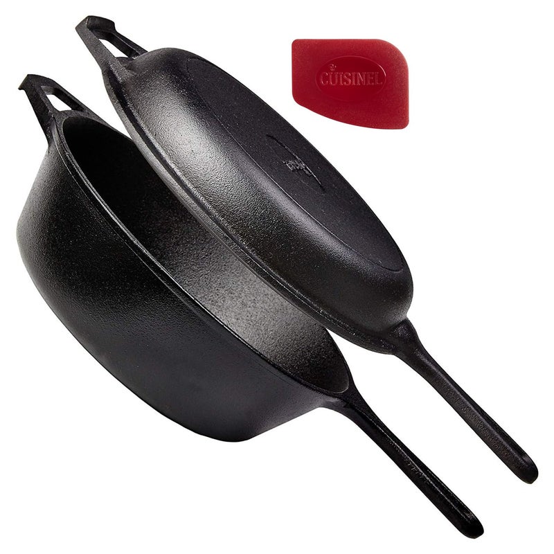 Cuisinel Cast Iron Skillet  Lid  2In1 Multi Cooker  Deep Pot  Frying Pan  3Qt Dutch Oven  PreSeasoned Oven Cookware  Works for Bread IndoorOutdoor Grill Stovetop and Induction