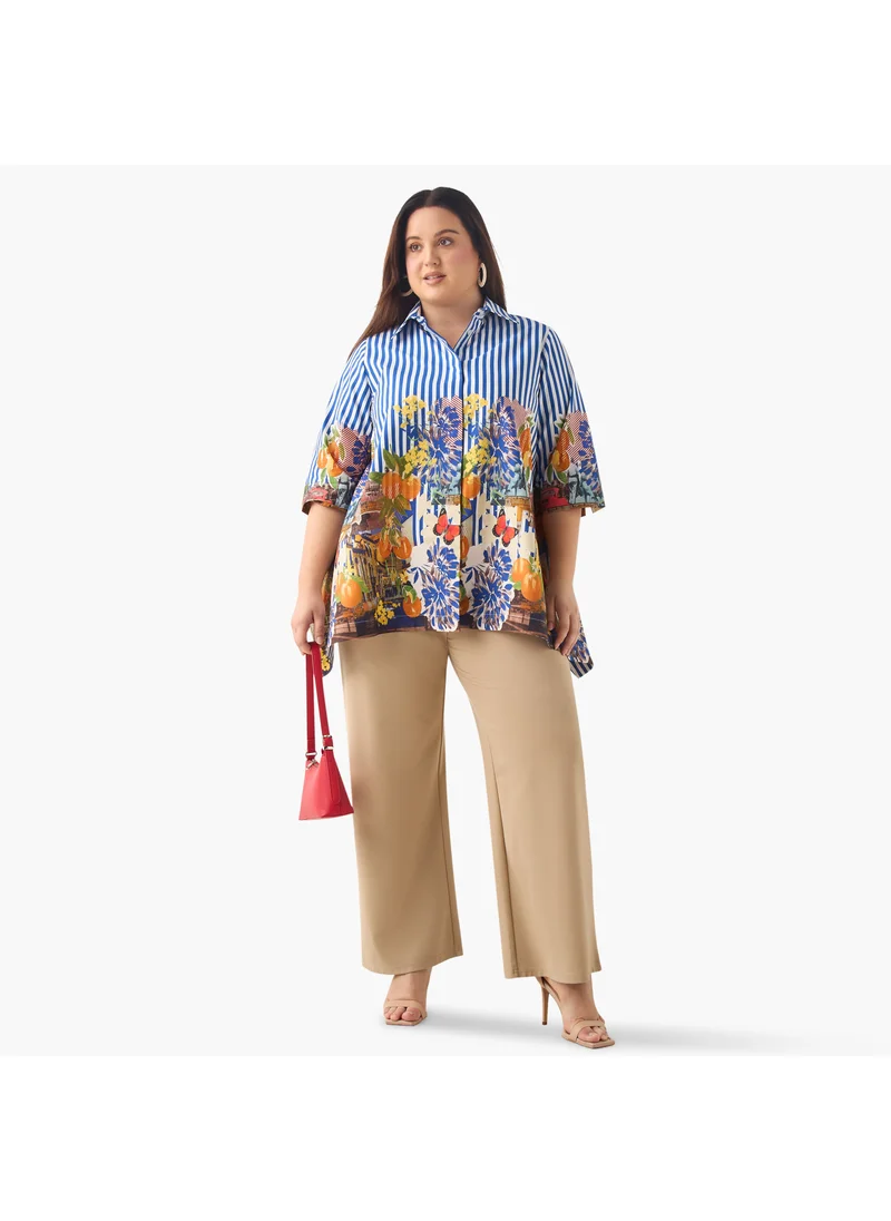Ulla Popken Plus Size Ulla Popken Relaxed Fit Floral Print Shirt with Collar and 3/4 Sleeves