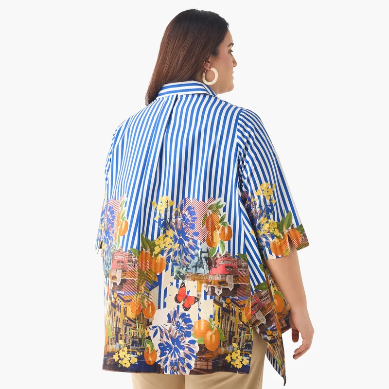 Ulla Popken Plus Size Ulla Popken Relaxed Fit Floral Print Shirt with Collar and 3/4 Sleeves