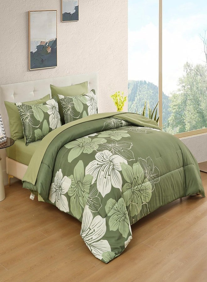Luxudecor طقم لحاف فاخر مزين بالزهور، مقاس كوين، 7 قطع، طقم لحاف وملاءات بلون أخضر زيتوني مزين بالزهور، مصنوع من ألياف دقيقة ناعمة، طقم مفروشات كامل أخضر مناسب لجميع الفصول - Image 2