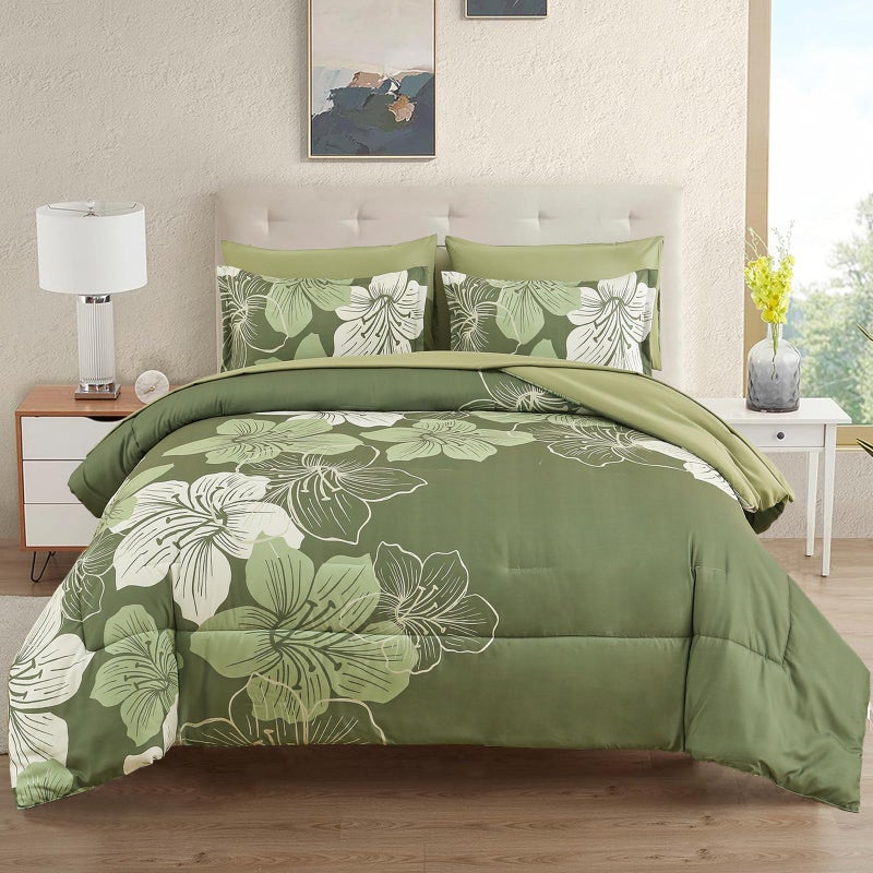 Luxudecor طقم لحاف فاخر مزين بالزهور، مقاس كوين، 7 قطع، طقم لحاف وملاءات بلون أخضر زيتوني مزين بالزهور، مصنوع من ألياف دقيقة ناعمة، طقم مفروشات كامل أخضر مناسب لجميع الفصول - Image 1