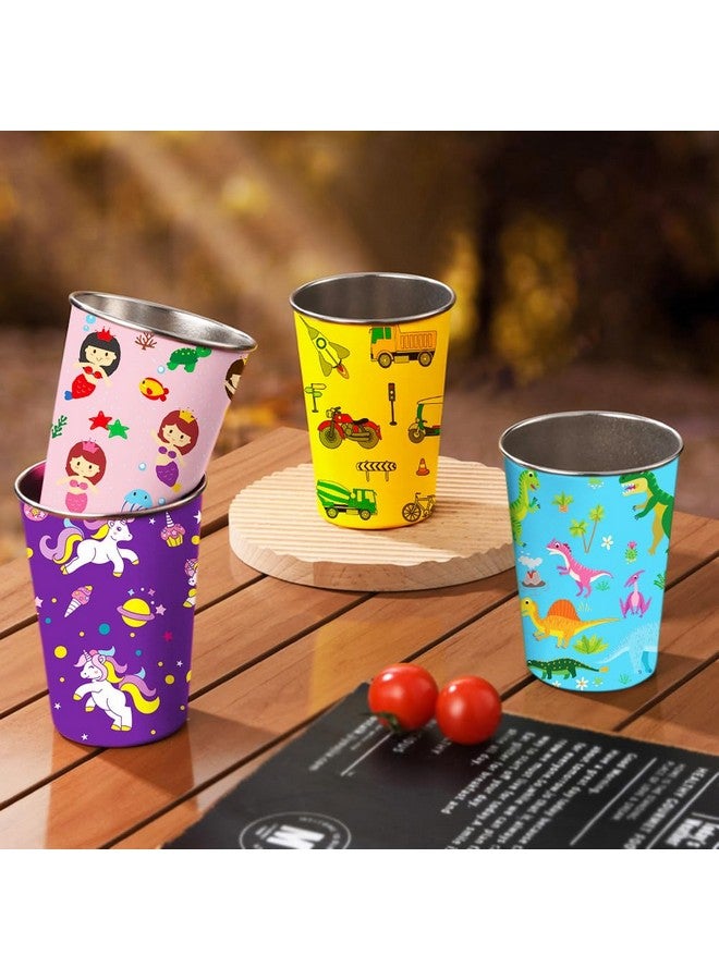 LOZACHE Stainless Steel Kids Cups, 4 Pack 12oz Metal Toddler Drinking Pint Cup with Fun Prints (Unicorn, Mermaid, Dinosaur, Vehicles), Dishwasher Safe, Reusable for Home, Party, Camping, Indoor and Outdoor - Image 4