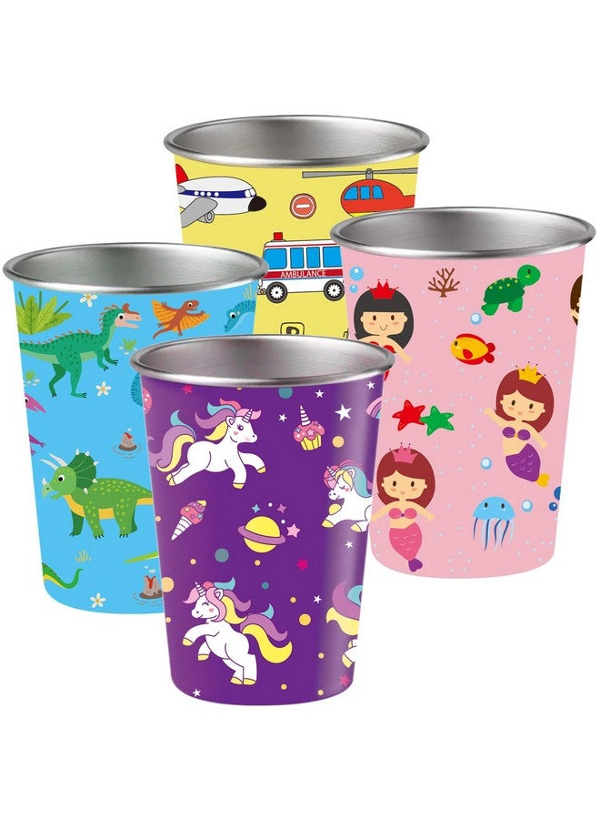 LOZACHE Stainless Steel Kids Cups, 4 Pack 12oz Metal Toddler Drinking Pint Cup with Fun Prints (Unicorn, Mermaid, Dinosaur, Vehicles), Dishwasher Safe, Reusable for Home, Party, Camping, Indoor and Outdoor - Image 1