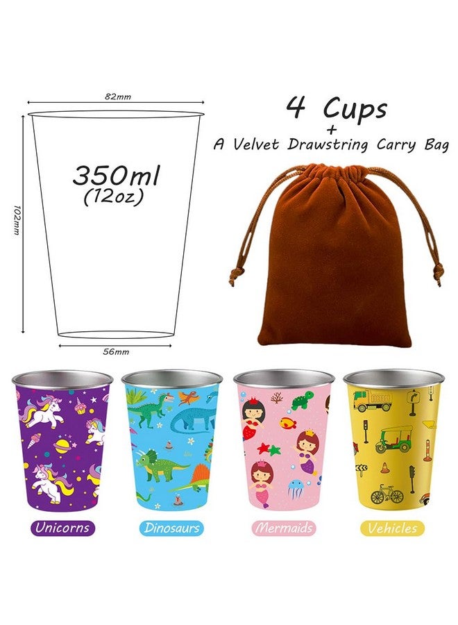 LOZACHE Stainless Steel Kids Cups, 4 Pack 12oz Metal Toddler Drinking Pint Cup with Fun Prints (Unicorn, Mermaid, Dinosaur, Vehicles), Dishwasher Safe, Reusable for Home, Party, Camping, Indoor and Outdoor - Image 2