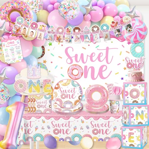 cocomigo 252pcs AllInOne Sweet One Birthday Party Decorations Set Include Sweet One Balloon Arch Tableware Balloon Box High Chair Banner Backdrop etc for 1st Birthday Decorations Girl Serves 20 - Image 1