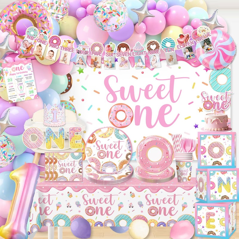 cocomigo 252pcs AllInOne Sweet One Birthday Party Decorations Set Include Sweet One Balloon Arch Tableware Balloon Box High Chair Banner Backdrop etc for 1st Birthday Decorations Girl Serves 20 - Image 2