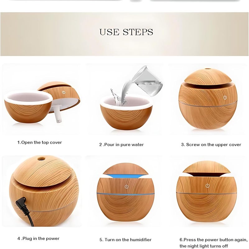Biki Ultrasonic Wooden oil Essential Difusor Humidifier Aroma Mist Diffuser With Atmosphere LED With 7 Colors Llight | فواحة شكل كروي عشوائي اللون - Image 3