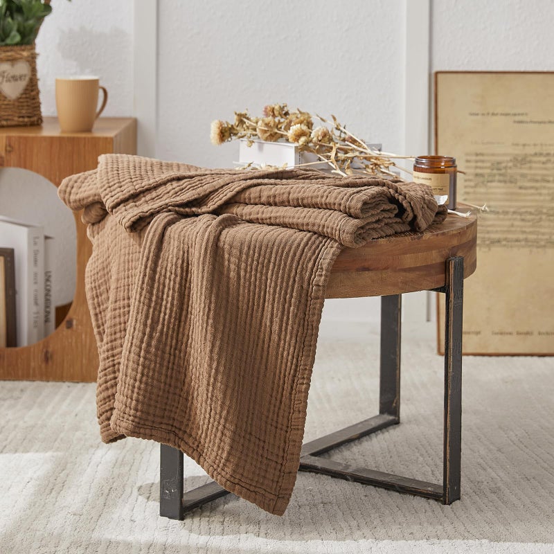 EMME Cotton Muslin Large Throw Blanket Couch Breathable Gauze Blanket Soft Lightweight Bed Blankets Adults (Brown, 50"x70") - Image 4