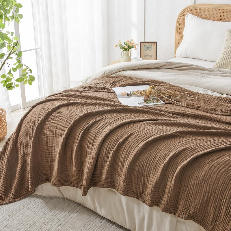 EMME Cotton Muslin Large Throw Blanket Couch Breathable Gauze Blanket Soft Lightweight Bed Blankets Adults (Brown, 50"x70") - Image 5
