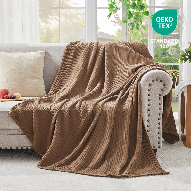 EMME Cotton Muslin Large Throw Blanket Couch Breathable Gauze Blanket Soft Lightweight Bed Blankets Adults (Brown, 50"x70") - Image 3