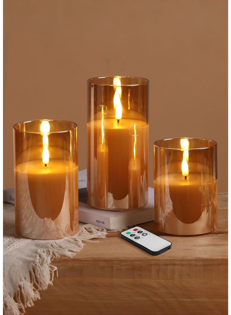 متجر الفرح 3 قطع من الشموع الذهبية الزجاجية بدون لهب تعمل بالبطارية مع مؤقت وجهاز تحكم عن بعد، شموع عمودية LED، تعمل بالبطارية، ذهبية - Image 1