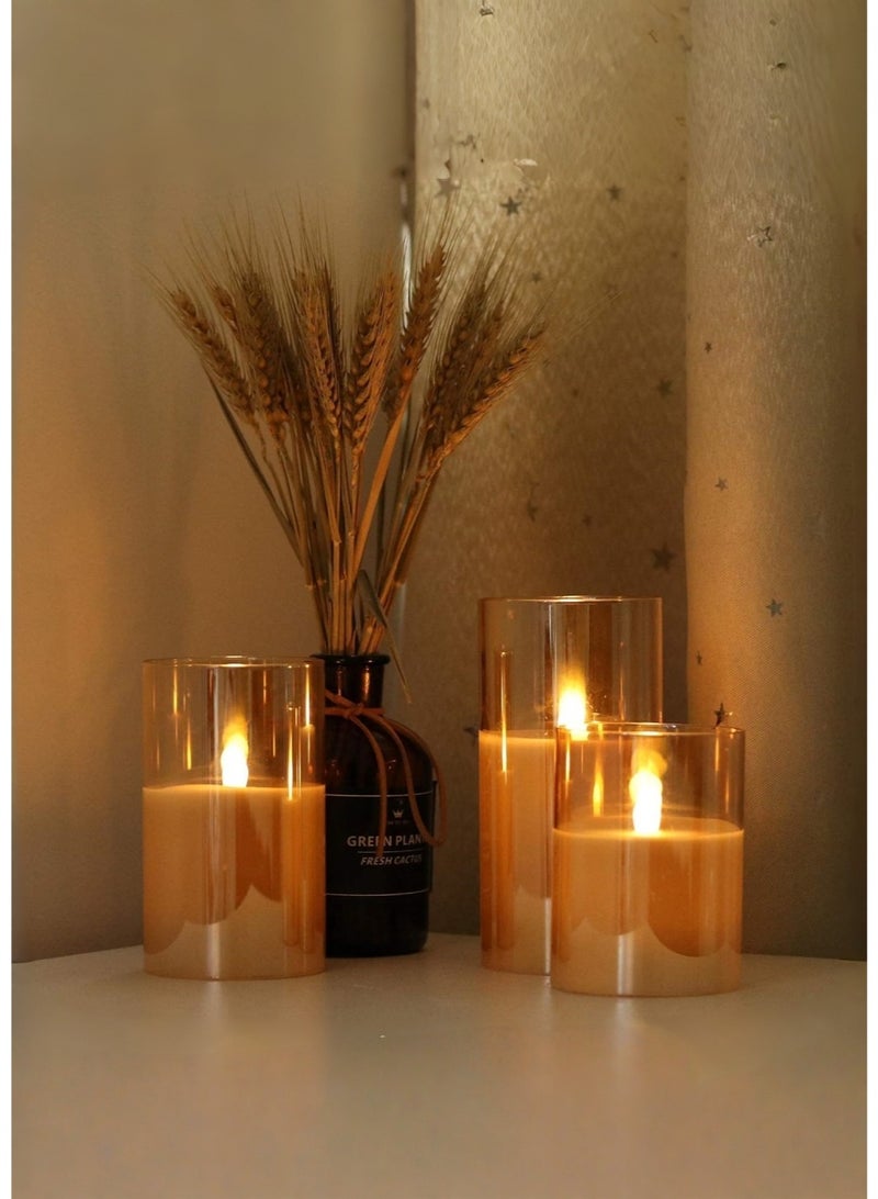 متجر الفرح 3 قطع من الشموع الذهبية الزجاجية بدون لهب تعمل بالبطارية مع مؤقت وجهاز تحكم عن بعد، شموع عمودية LED، تعمل بالبطارية، ذهبية - Image 4