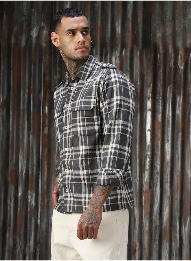 HIGH STAR Men Releaxed Fit Tartan Checks Textured Checked Utility Casual Shirt  - Image 3