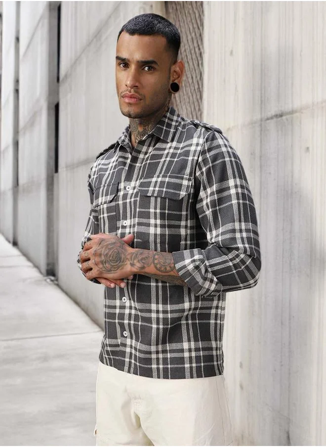 هاي ستار Men Shirts in Charcoal featuring Relaxed Fit fit with a check pattern, spread collar collar, collar neckline, full sleeve, secured with button closure, crafted from 55%cotton 45%polyester – a trendsetting piece that blends fashion and comfort.