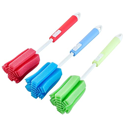 3 Pcs Bottles Dishwashing Foam Sponge Brush with Adjustable Long Handle for Coffee Glasses Pot Milk Cup Mugs Wine Bottle Baby Bottles Kitchen CleanColor Random