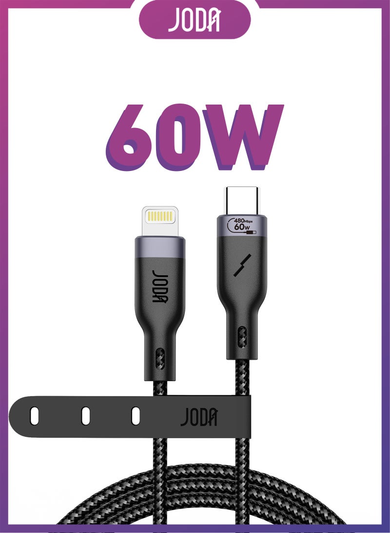 JODA 60W C to Lightning 2 M Black Cable ,60W Fast Charging ,Safe Fast Charging ,Smart Device & iPhone Charging Cable ,Durable Charger ,Long-Lasting Charging Cable ,USB-C Cable Charger ,Super-Fast Charging ,2 Meter Cable ,iPhone & Samsung  Charger ,Strong & Flexible Charging Cable - Image 1