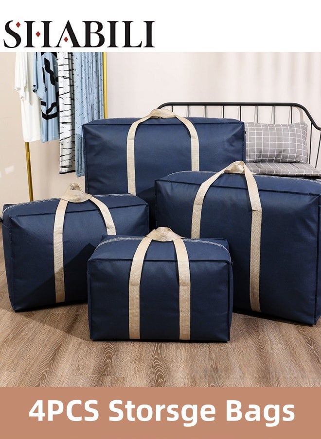 SHABILI 4PCS Large-Capacity Foldable Storage Bags with Zipper and Reinforced Handles – Non-Woven Closet Organizers for Clothing, Jeans, Bras, Leggings, Sweaters, Moving & Home Use (Dark Blue)  - Image 1